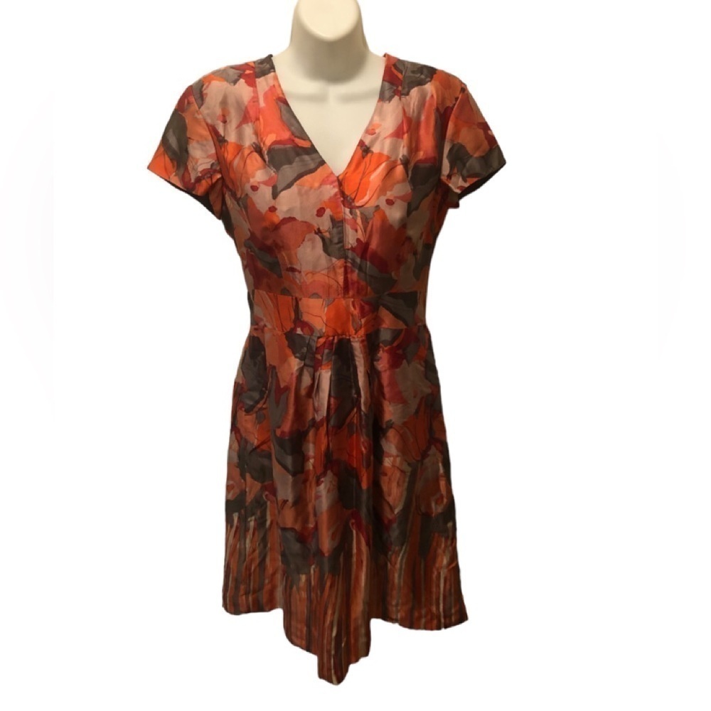 Banana Republic Floral SILK Dress Sz. 4 Empire Waist POCKETS MIDI Teal Olive